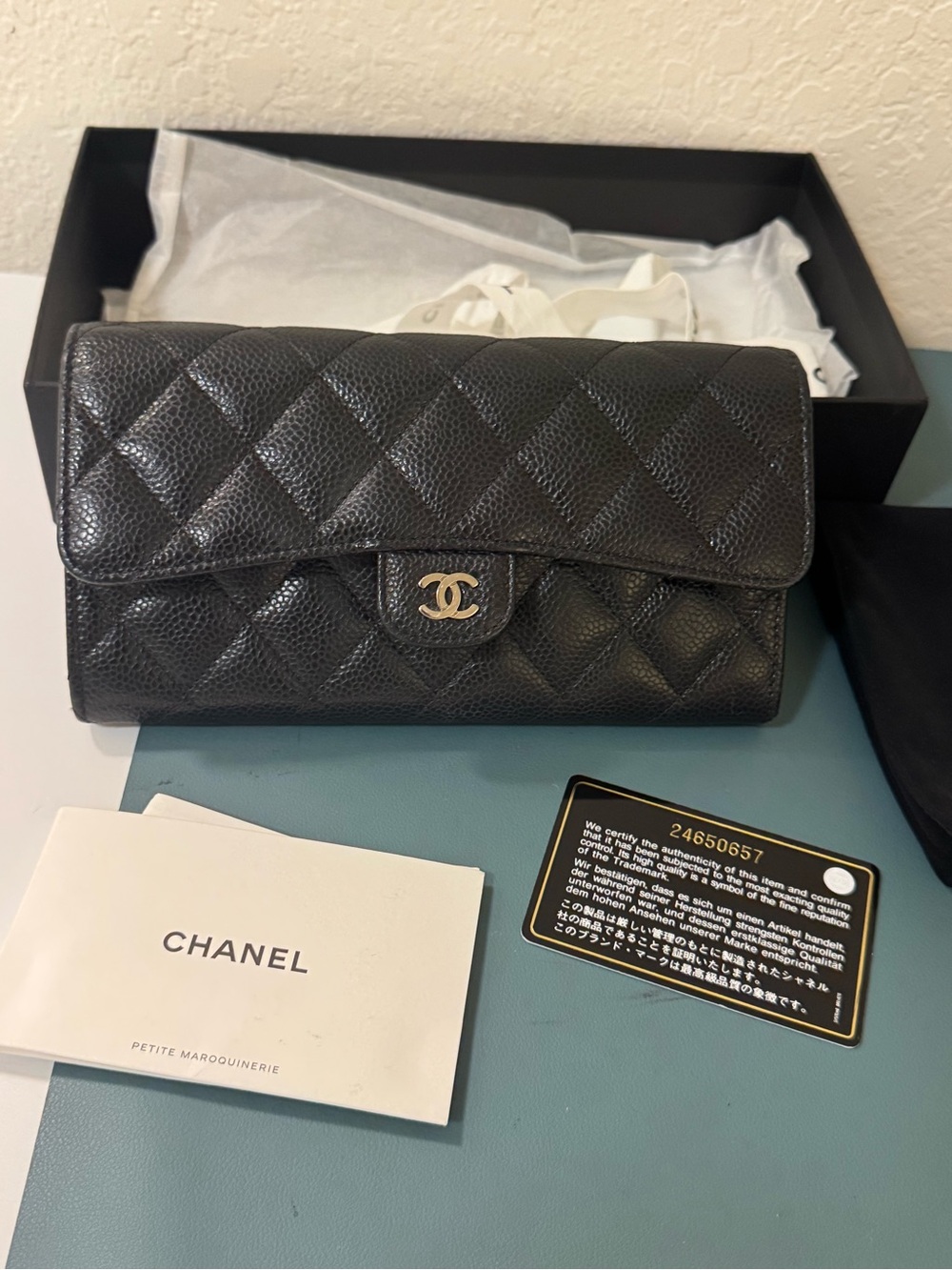 CHANEL Black Quilted Caviar Leather Wallet with Gold CC Lock - Picture 4 of 13